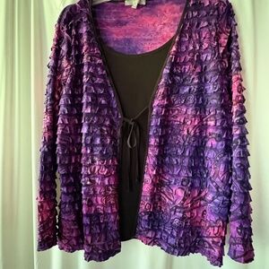 NY Collection Purple Ruffled Long Sleeve Open Front w Panel Blouse 2X